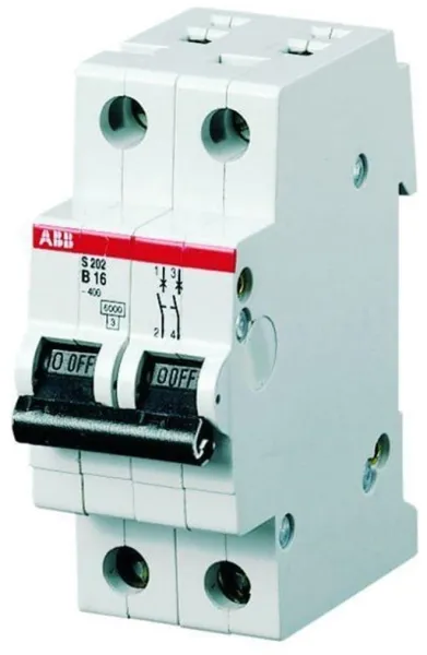 ABB Interruptor automático c 6a, 2 polos c-característica, capacidad de corte 6ka, 230/400v ac, 35mm de ancho s202-c6